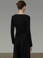 unspoken Viscose Knit Casual Slim Lace Trim Women V-neck Long Sleeve Black Blouses