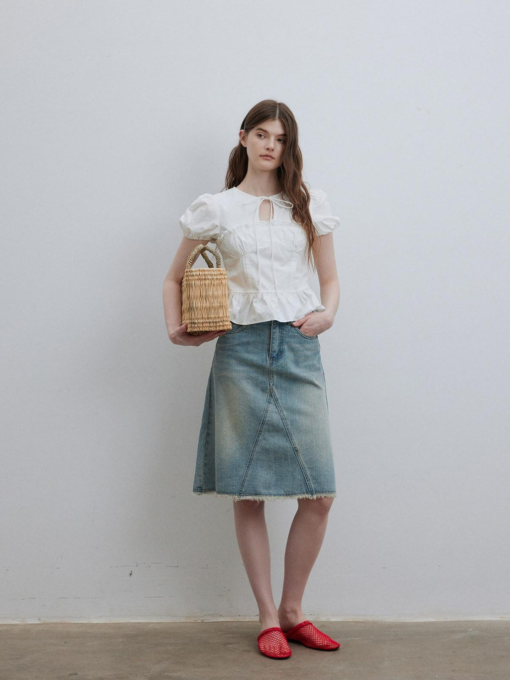 Lofi choose Puff Sleeve Tie Neck Loose Fit Office Workwear Short Sleeve White Pink Blouses