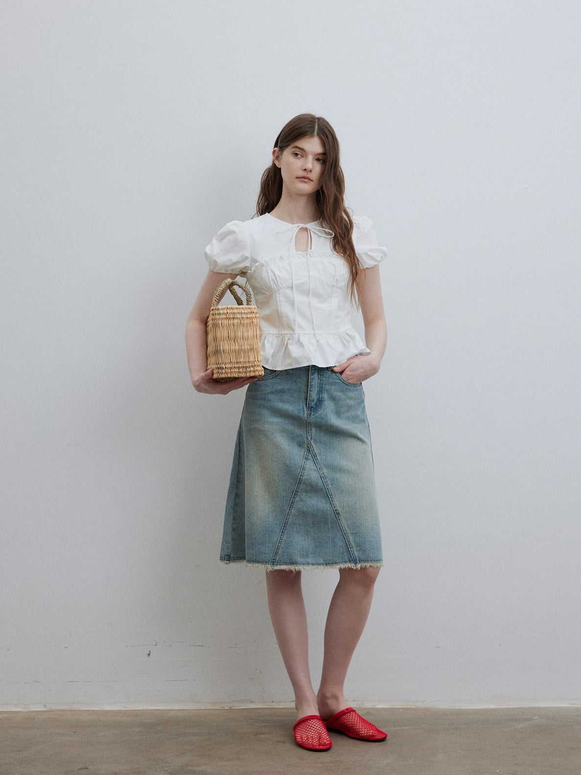 Lofi choose Puff Sleeve Tie Neck Loose Fit Office Workwear Short Sleeve White Pink Blouses