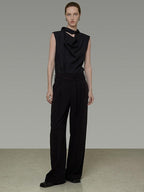 unspoken Breathable Viscose Tie Neck Sleeveless Loose Commuter Chic Women Black Blouses