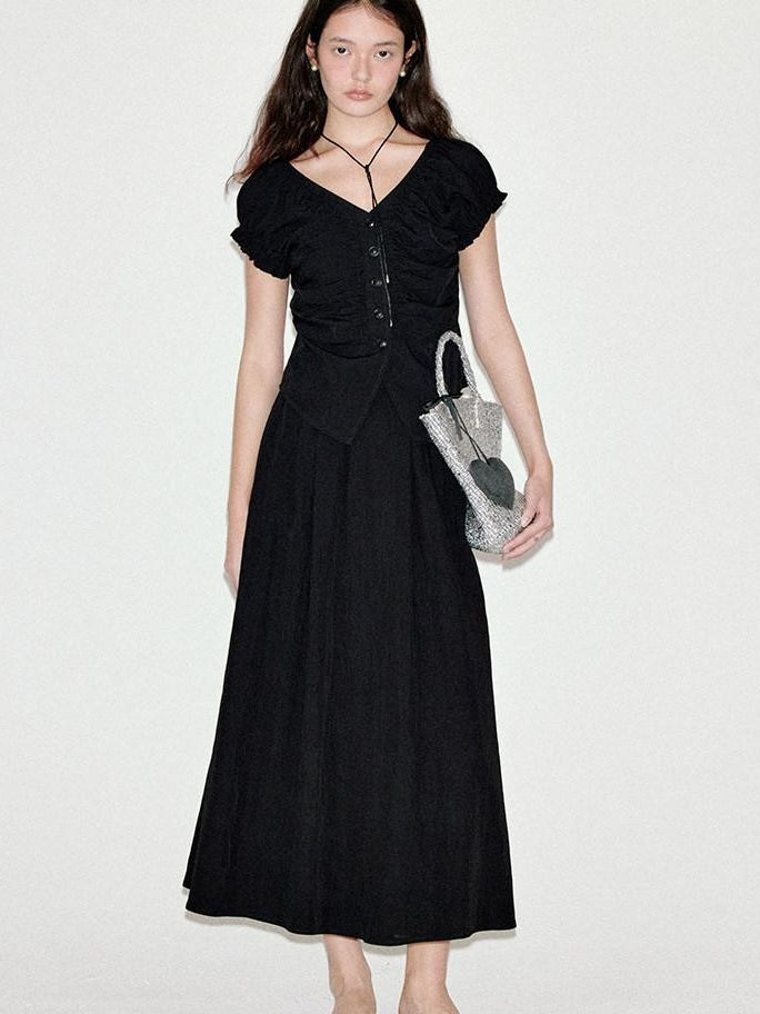 fano Sleek Black V-neck Button Short Sleeve Two Piece Chic Women Top & Skirt Sets