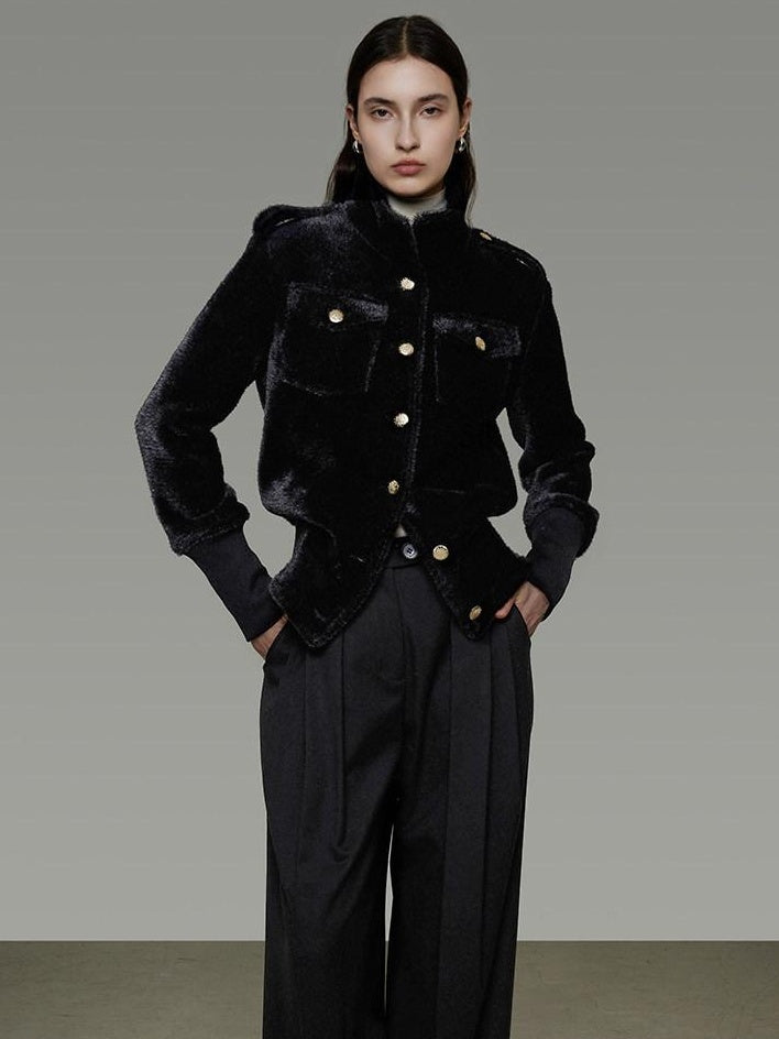 unspoken Tailored Slim Minimalist Commuter Stand Collar Women Black Short Coat