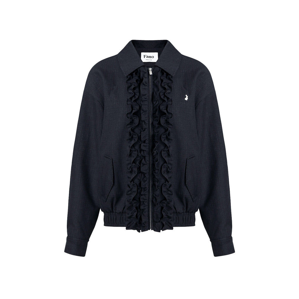 fano_Vintage_Black_Grey_Plaid_Ruffle_Loose_Fit_Viscose_Zipper_Women_Bomber_Jackets_MISSTT