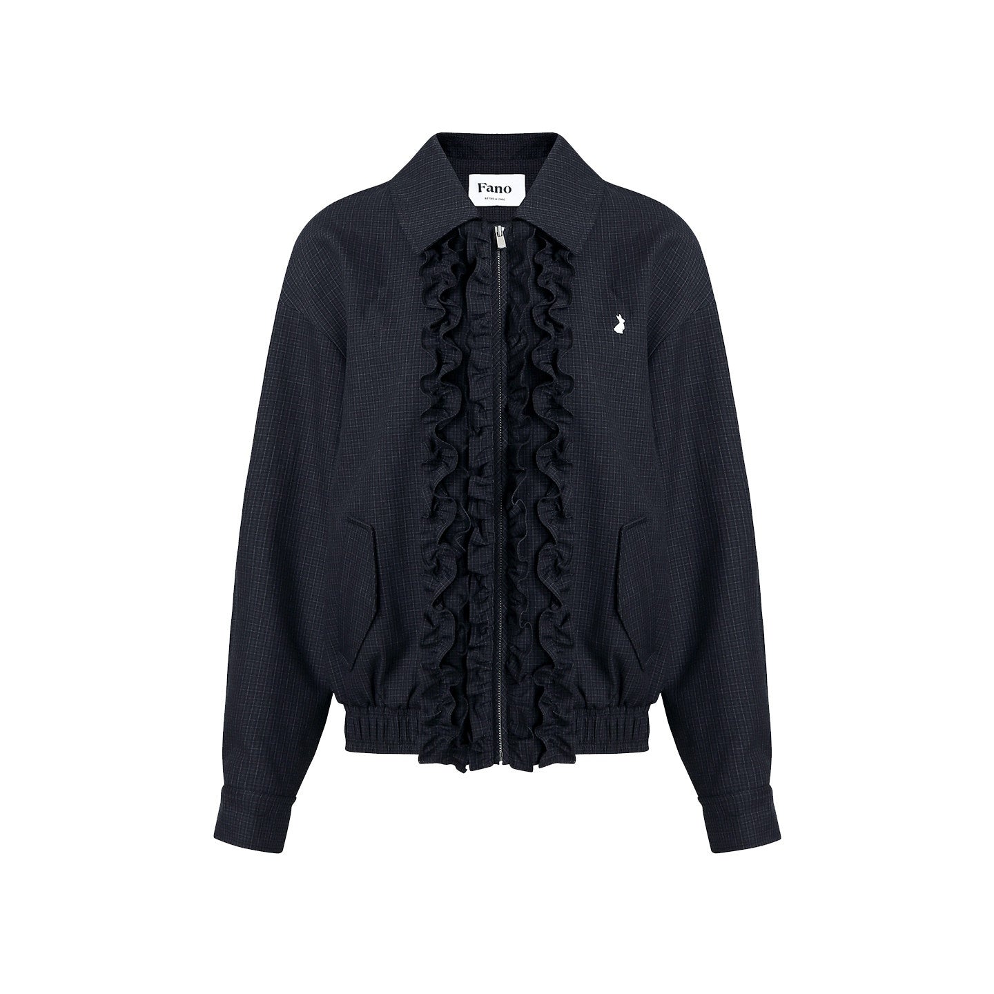 fano_Vintage_Black_Grey_Plaid_Ruffle_Loose_Fit_Viscose_Zipper_Women_Bomber_Jackets_MISSTT