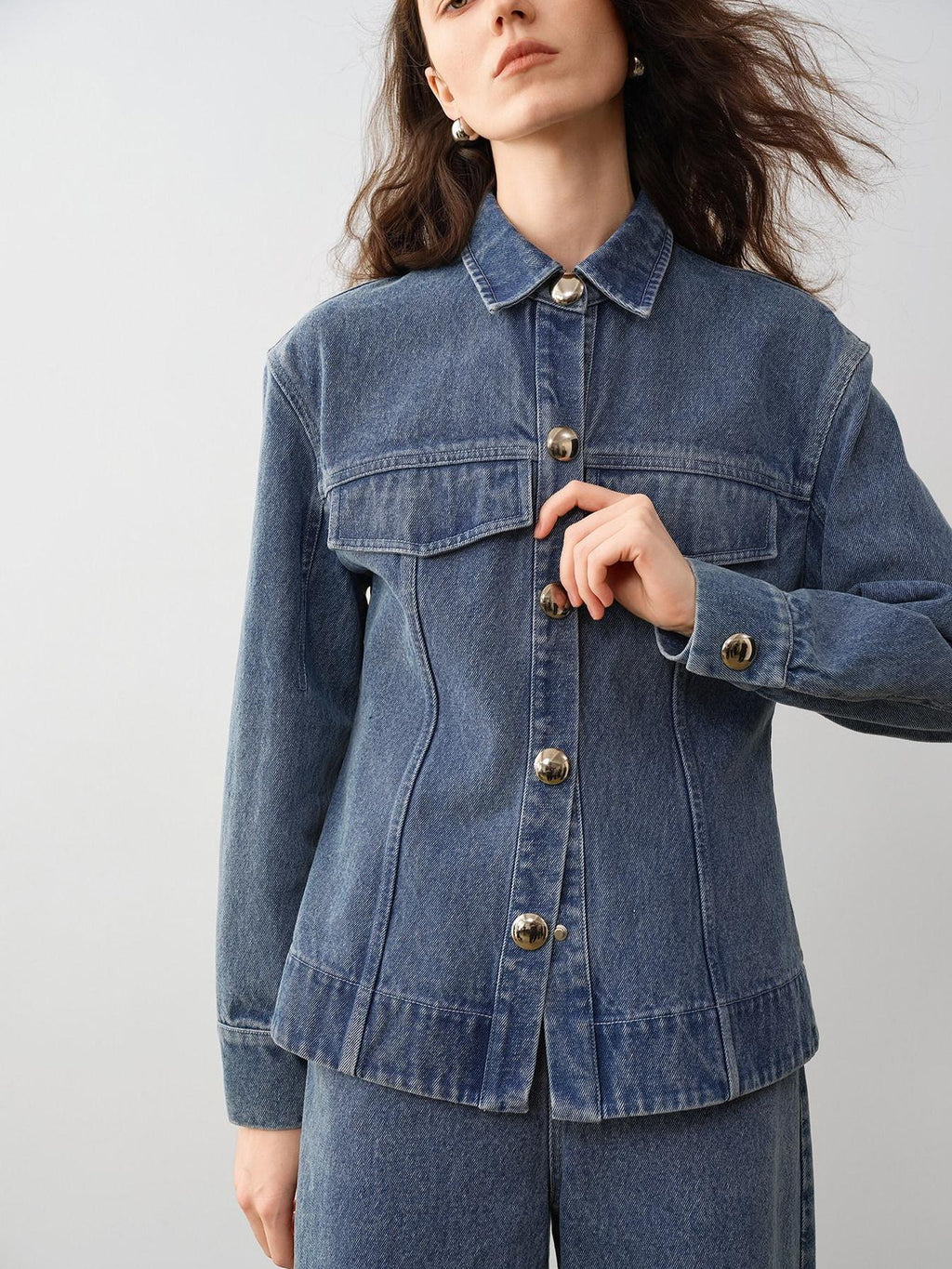 audreyyang 100% Cotton Vintage Loose Fit Button Long Sleeve Denim Women Top & Pants Sets