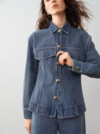 audreyyang 100% Cotton Vintage Loose Fit Button Long Sleeve Denim Women Top & Pants Sets