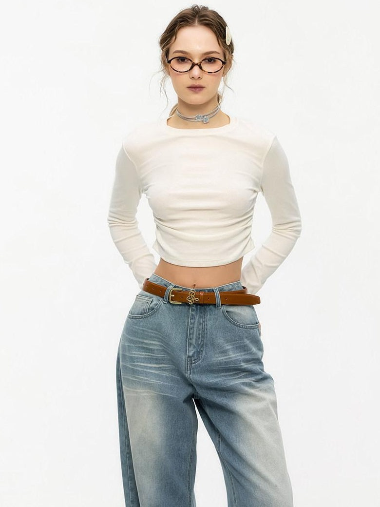 ikyou Slim Drawstring Long Sleeve Combed Cotton Crewneck Black White Basic Crop Tops