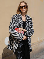 audreyyang Wool Blend Fringe Relaxed Double Breasted Women Zebra Print Blazers
