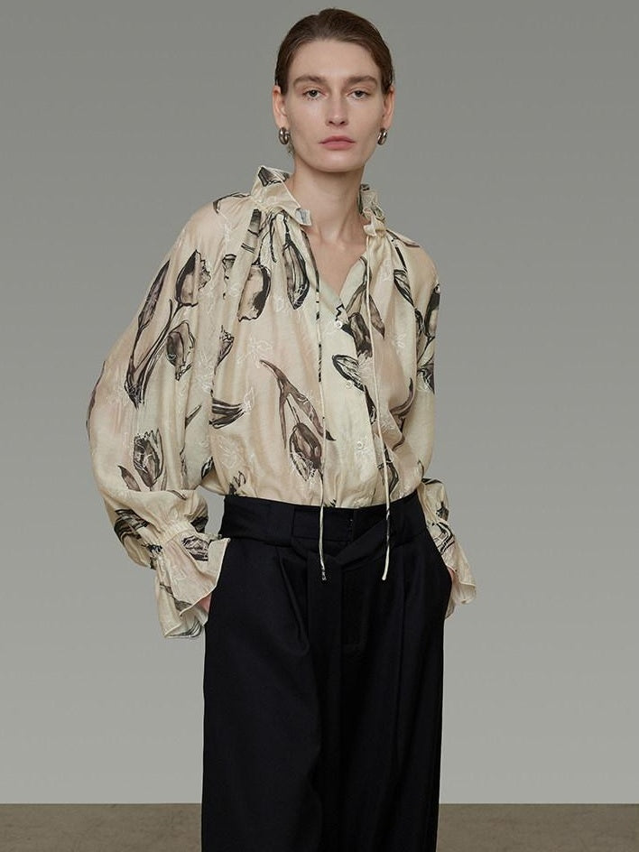 unspoken Breathable Soft Office Loose V-neck Embroidered Floral Viscose Blend Blouses
