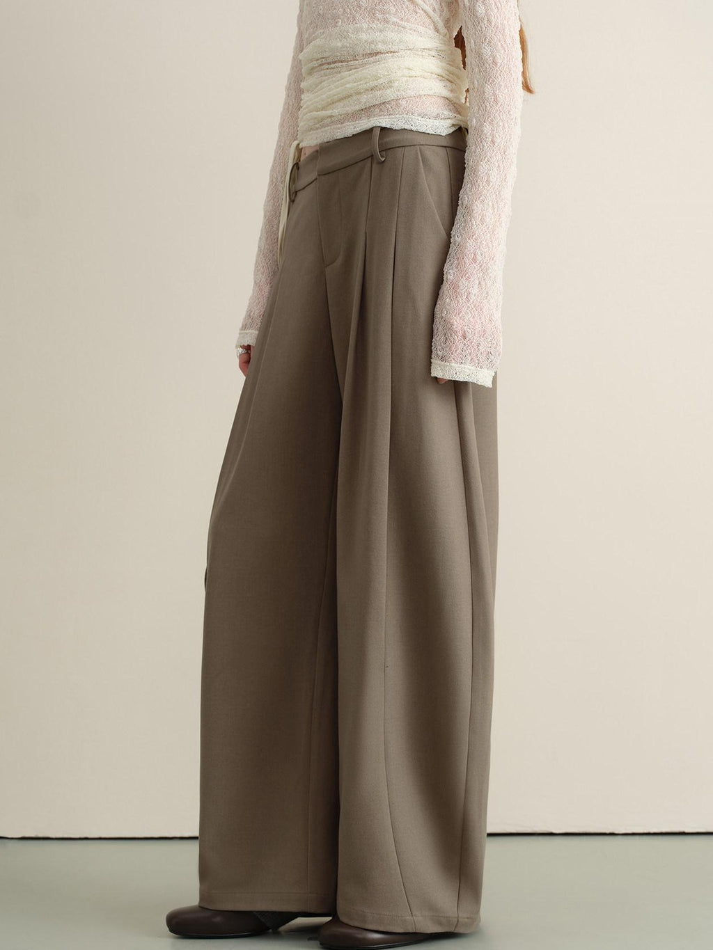 someone sometimes Stretch Pleated Casual Natural Waist Women Olive Green Zip Fly Wide Leg Pants