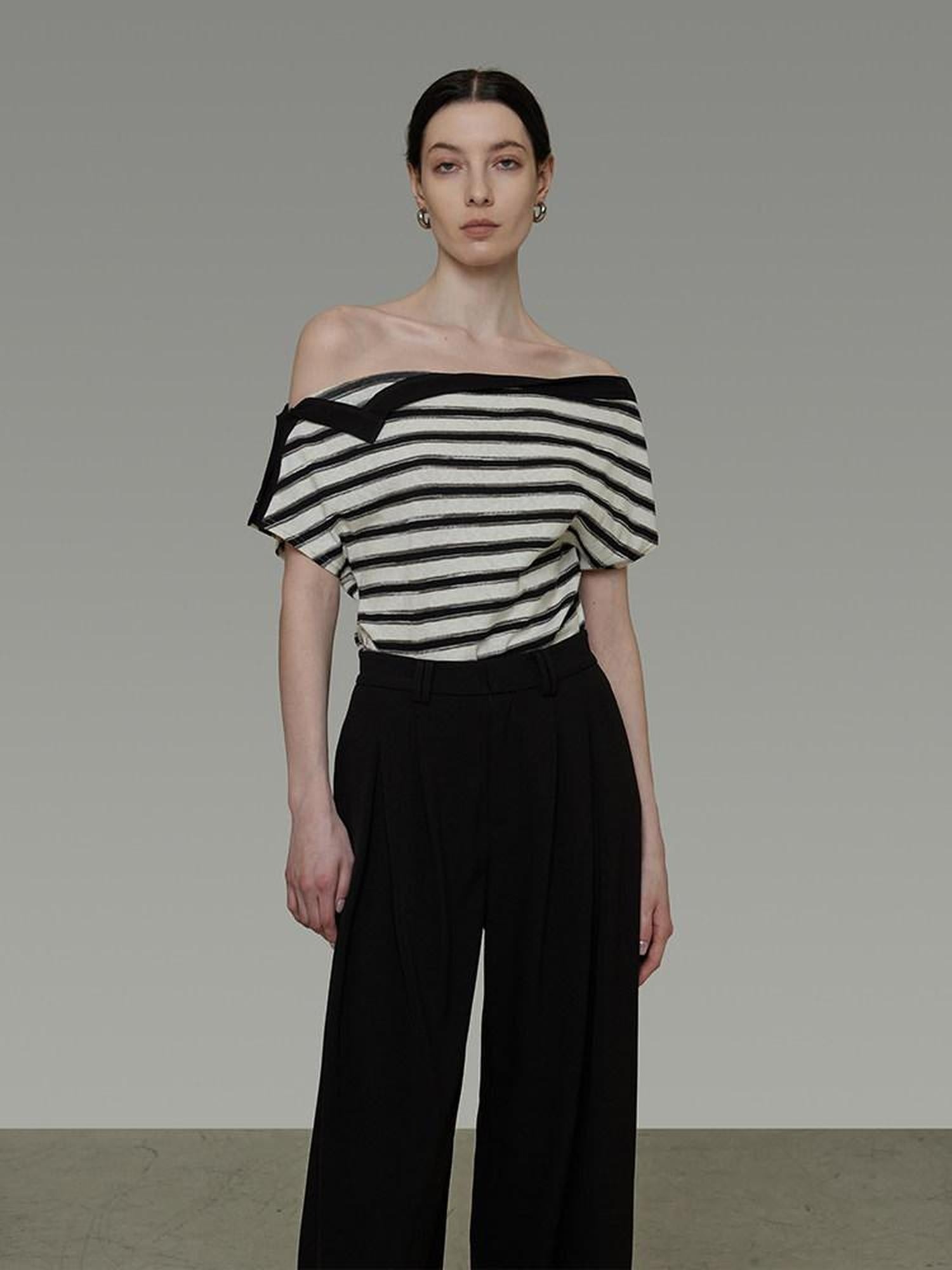 unspoken Soft Cotton Knit Striped Loose Minimalist Women Bardot Off Shoulder Crop Tops