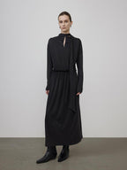unspoken Minimal Office Pleated Round Neck Elastic Waist Long Sleeve Black Maxi Dresses