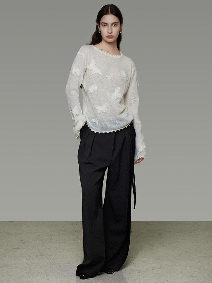 unspoken Breathable Knit Minimalist Relaxed Fit Butterfly Round Neck White Blouses