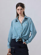 ikyou Embroidered Plaid Breathable Loose Collared Cardigan Button Front Women Shirts