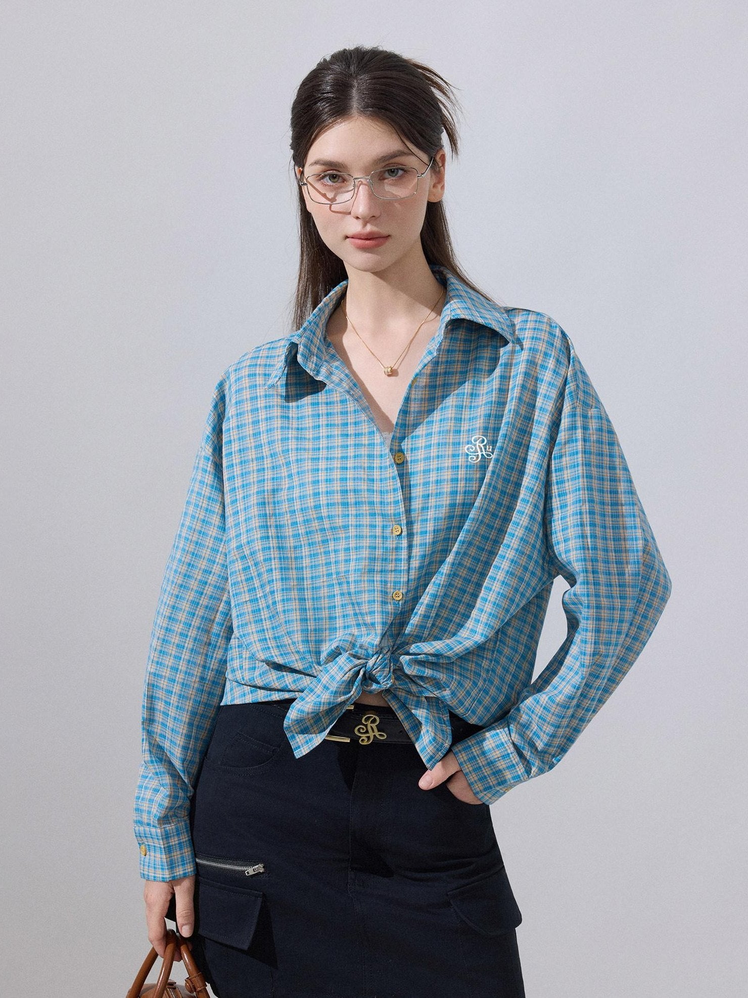 ikyou Embroidered Plaid Breathable Loose Collared Cardigan Button Front Women Shirts