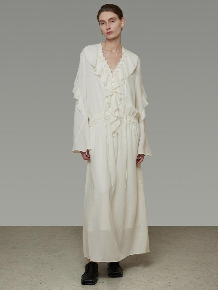 unspoken Breathable Minimal Ruffle Long Sleeve Loose H Fit Women Polyester Maxi Dresses