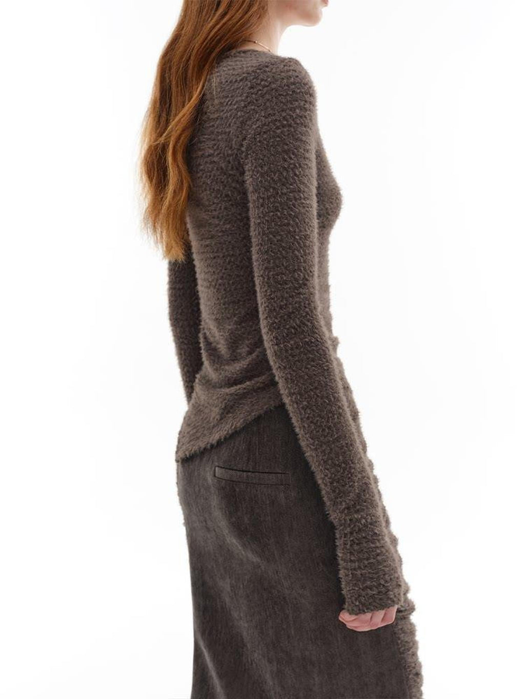 someone sometimes Slim Knit Minimal Casual Crewneck Long Sleeve Women Gray Top & Skirt Sets