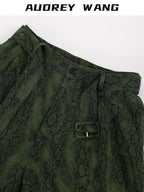 audreyyang Shape Retain Loose Snake Print Dark Green Recycled Viscose Women Wide Leg Pants