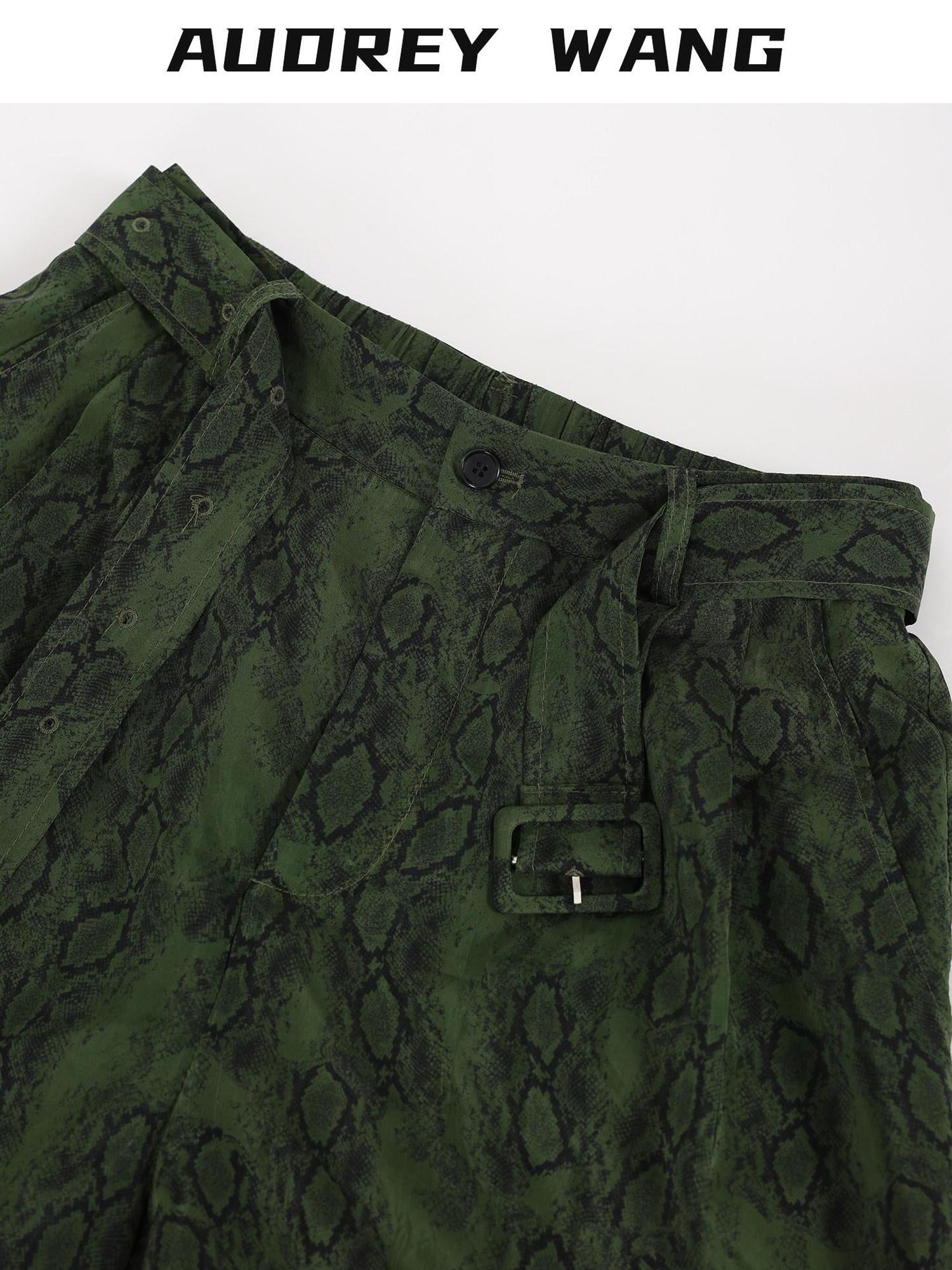 audreyyang Shape Retain Loose Snake Print Dark Green Recycled Viscose Women Wide Leg Pants
