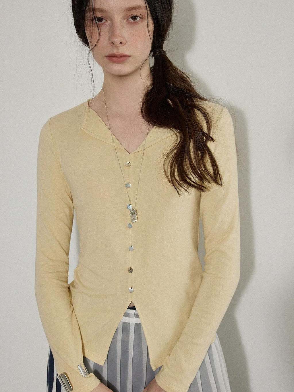 Lofi choose Cotton Stretch V-neck Slim Fit Office Women Yellow Green Long Sleeve T-Shirts