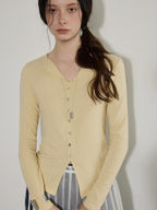 Lofi choose Cotton Stretch V-neck Slim Fit Office Women Yellow Green Long Sleeve T-Shirts
