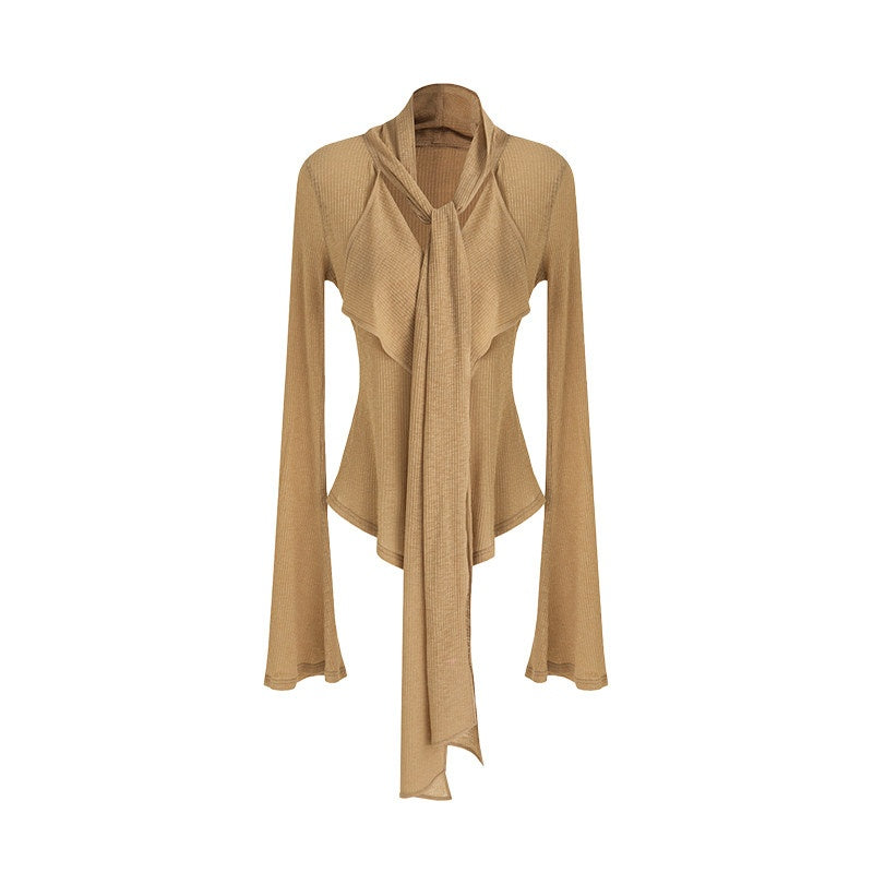 unspoken_Slim_Ruffle_V-neck_Bell_Sleeve_Knit_Pullover_Women_Ginger_Yellow_Blouses_MISSTT