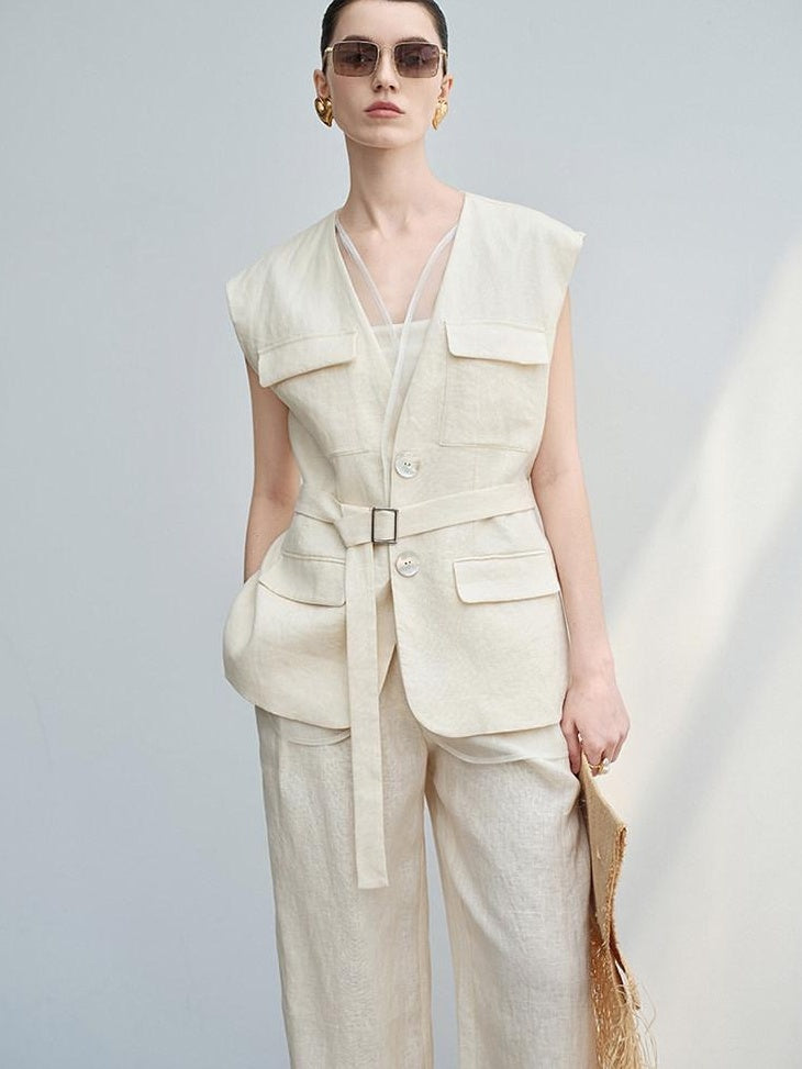 audreyyang Light Cream Linen V-neck Button Vest With Long Pants Women Top & Pants Sets