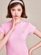 ikyou Pure Cotton Embroidered Slim Fit Short Sleeve Crew Neck Casual Basic Crop Tops