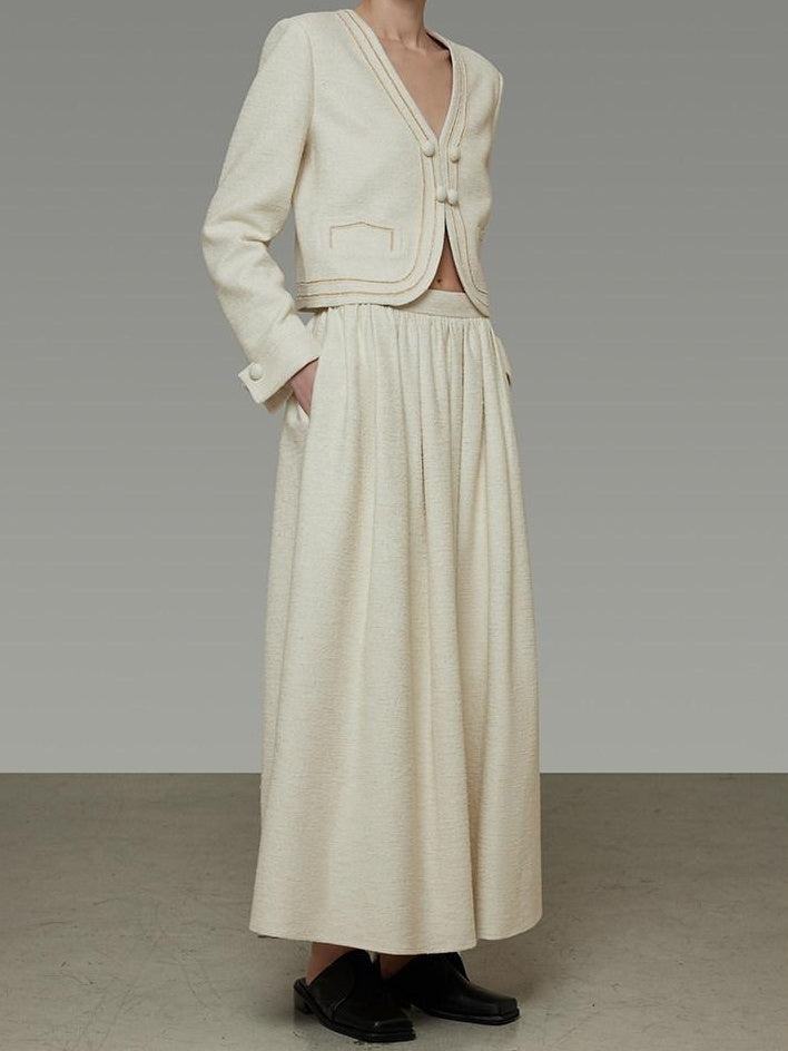 unspoken Cropped V-neck Blazer Tailored Slim High Waist Cotton Office Top & Skirt Sets