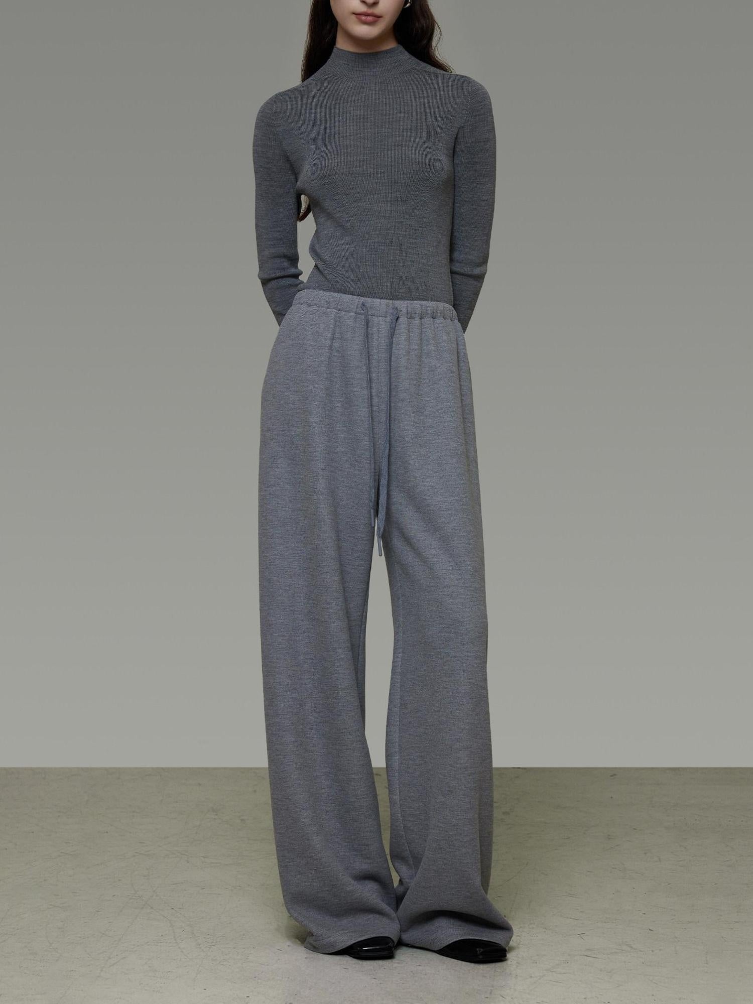unspoken Breathable High Rise Tie Waist Office Solid Light Gray Poly Blend Wide Leg Pants