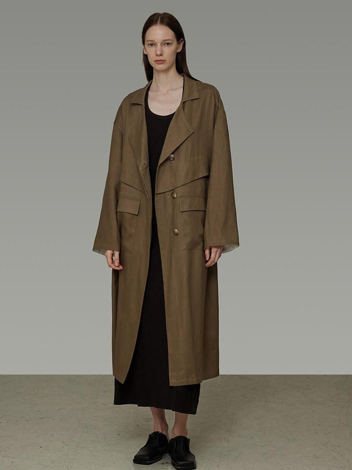 unspoken Minimalist Commuter Loose Long Single Breasted Women Olive Brown Trench Coats