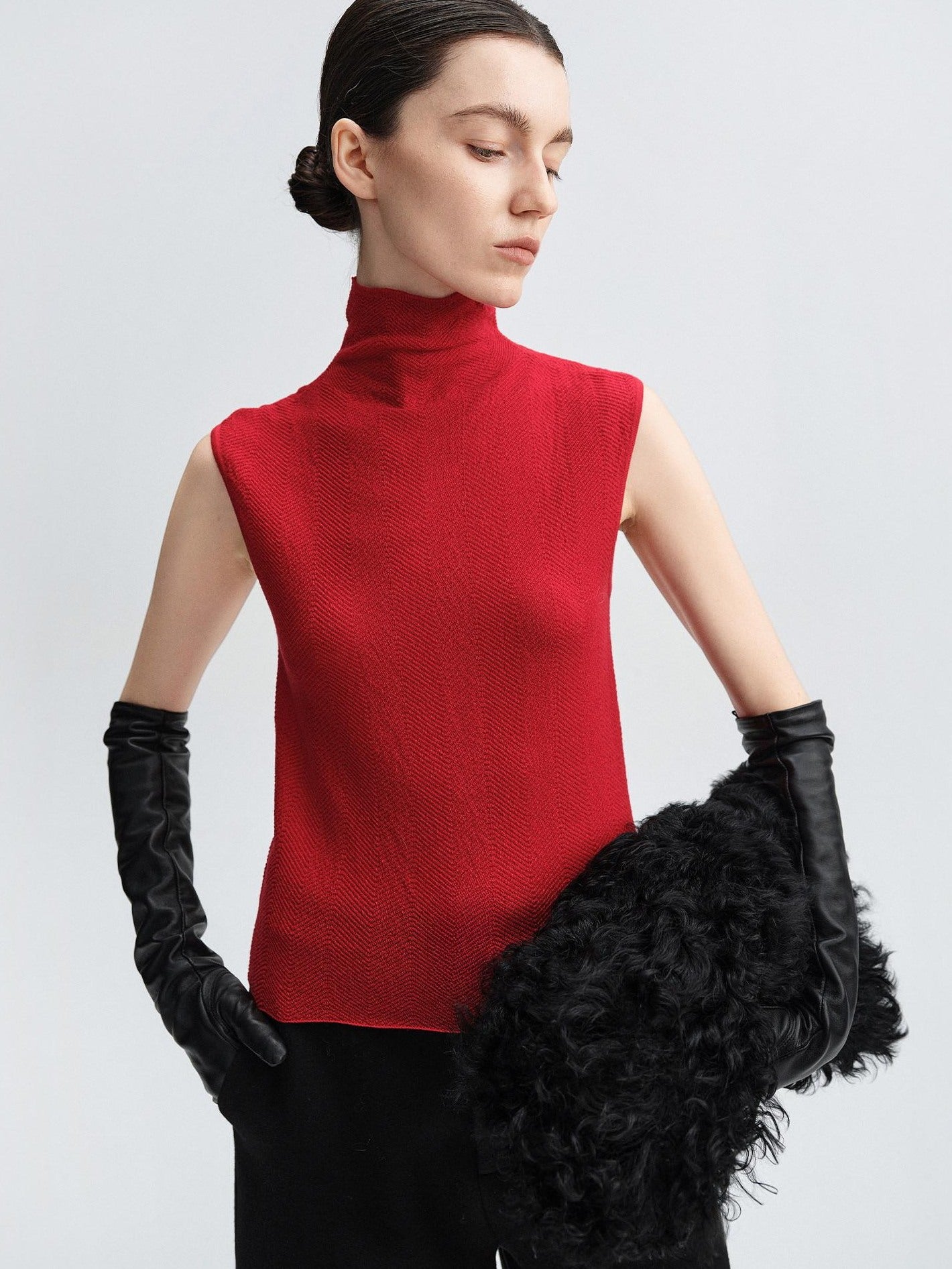 audreyyang Soft 100 Percent Wool High Neck Fitted Women Off Shoulder Crop Tops