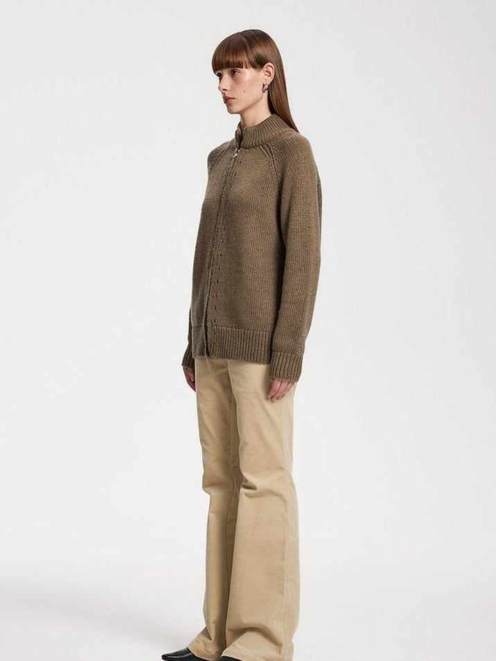 someone sometimes Acrylic Wool Blend Stand Collar Open Front Commuter Knit Brown Cardigans
