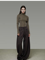 unspoken Breathable Cotton High Waist Tie Waist Minimalist Women Brown Wide Leg Pants