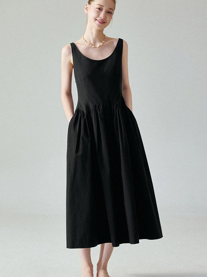fano Pure Cotton U Neck Sleeveless A Line Korean Office Dress Women Black Maxi Dresses