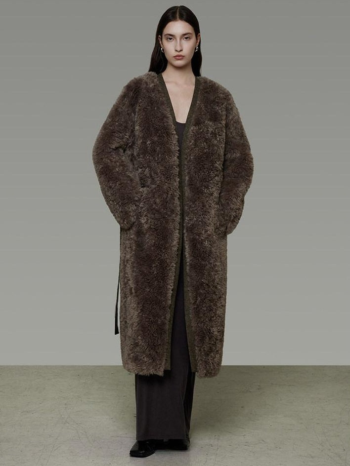 unspoken Warm Belted V-neck Loose Fit Commuter Women Brown Gray Long Coats