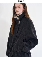 fano Warm Wool Blend Relaxed Stand Collar Drawstring Women Black Gray Short Coat