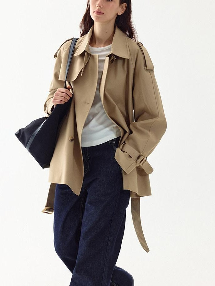 fano Double Breasted Short Loose Fit Commuter For Women Khaki Pink Beige Trench Coats