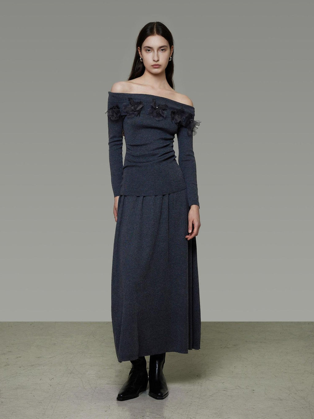 unspoken High Stretch Slim Knit Boat Neck Long Sleeve Dark Gray Office Top & Skirt Sets
