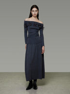 unspoken High Stretch Slim Knit Boat Neck Long Sleeve Dark Gray Office Top & Skirt Sets