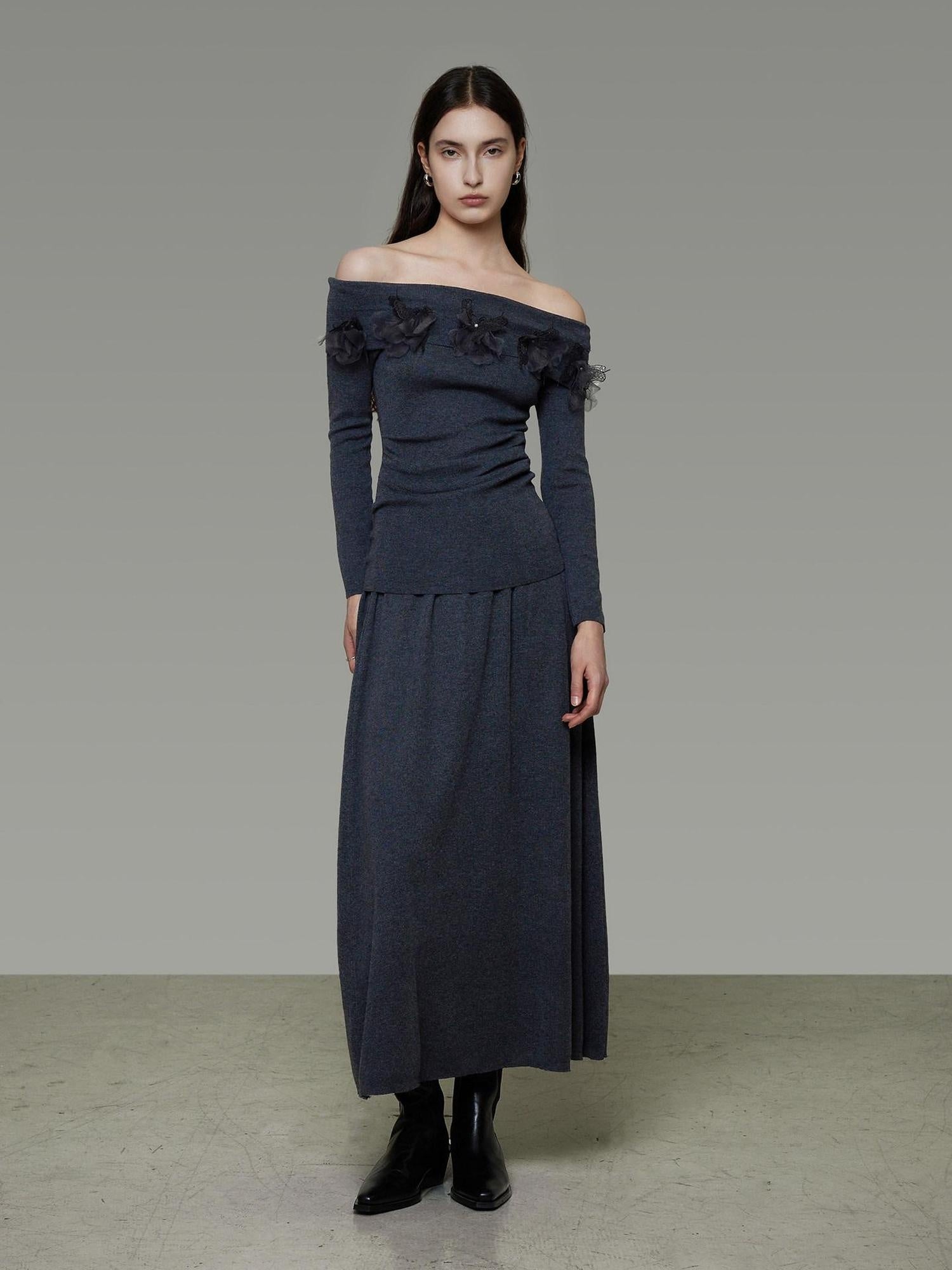 unspoken High Stretch Slim Knit Boat Neck Long Sleeve Dark Gray Office Top & Skirt Sets
