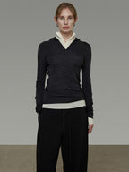 unspoken Pure Wool Soft V-neck Hooded Slim Fit Commuter Women Knit Sweaters