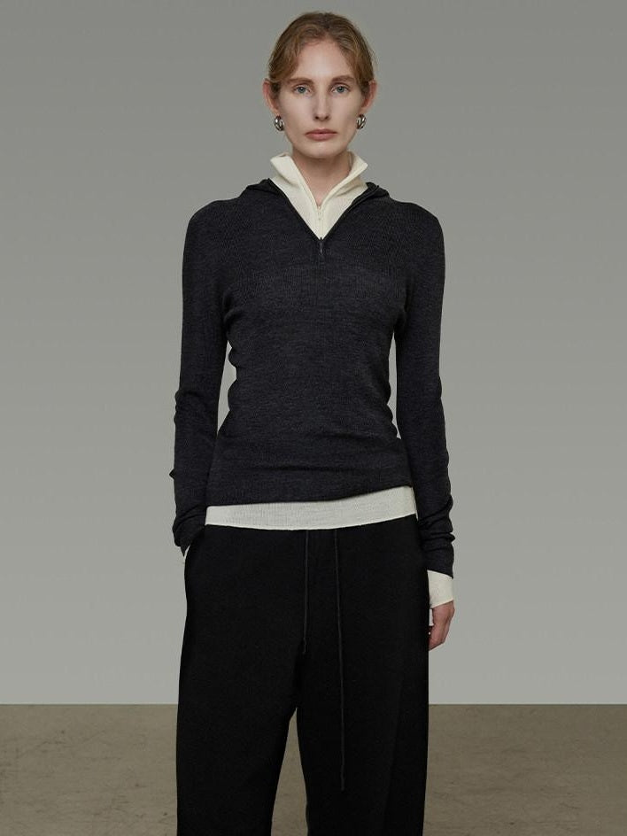 unspoken Pure Wool Soft V-neck Hooded Slim Fit Commuter Women Knit Sweaters