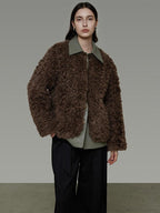 unspoken Warm Patchwork Lapel Loose Fit Minimalist Women Chestnut Short Coat