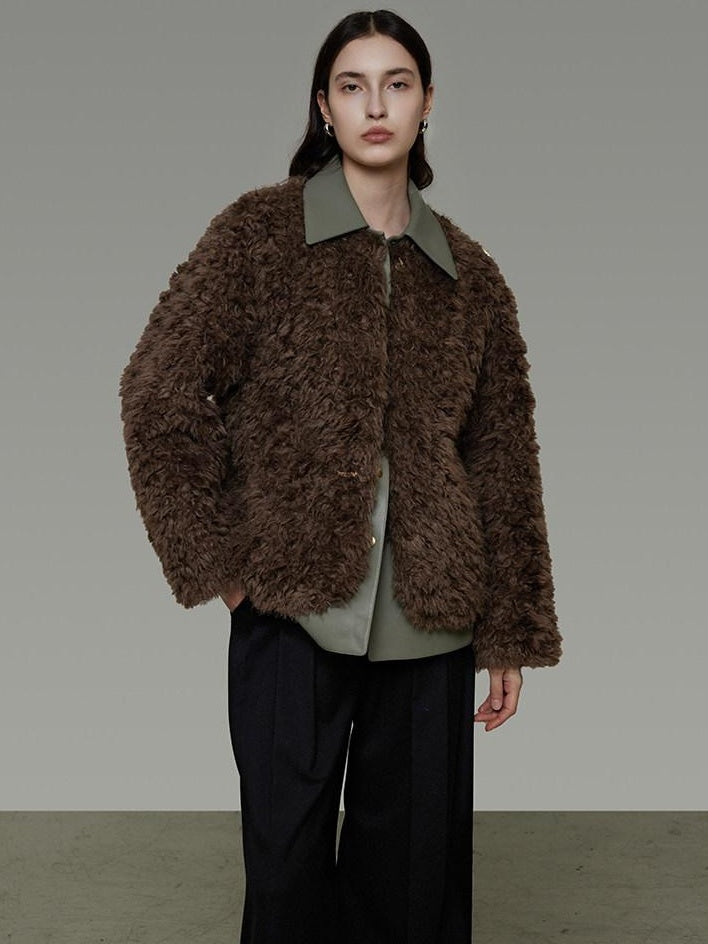 unspoken Warm Patchwork Lapel Loose Fit Minimalist Women Chestnut Short Coat