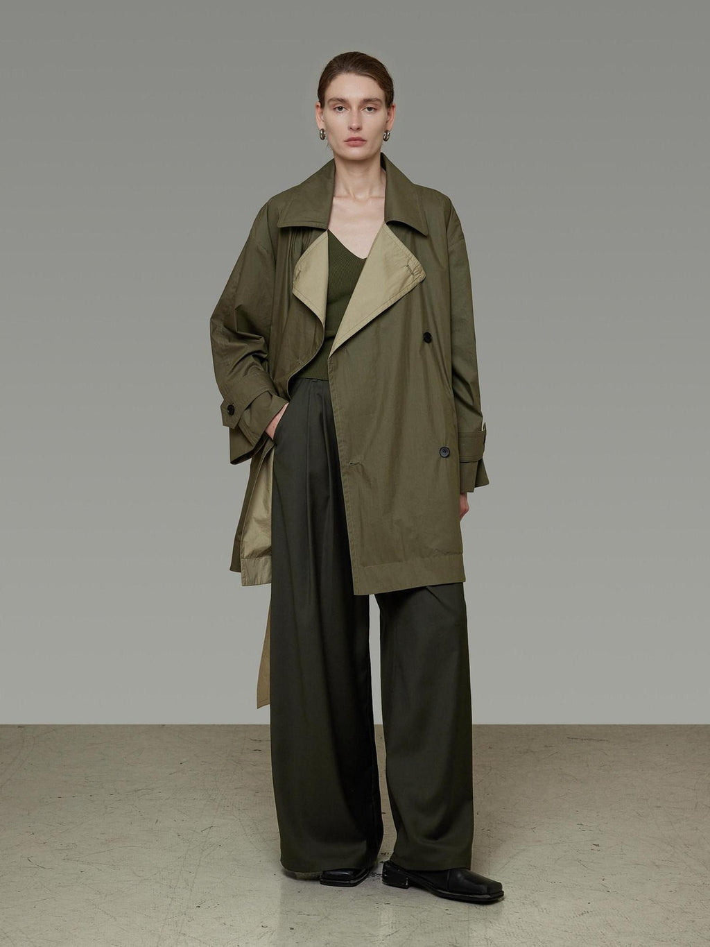 unspoken Minimal Commuter Long Double Breasted Loose Fit Women Black Olive Trench Coats
