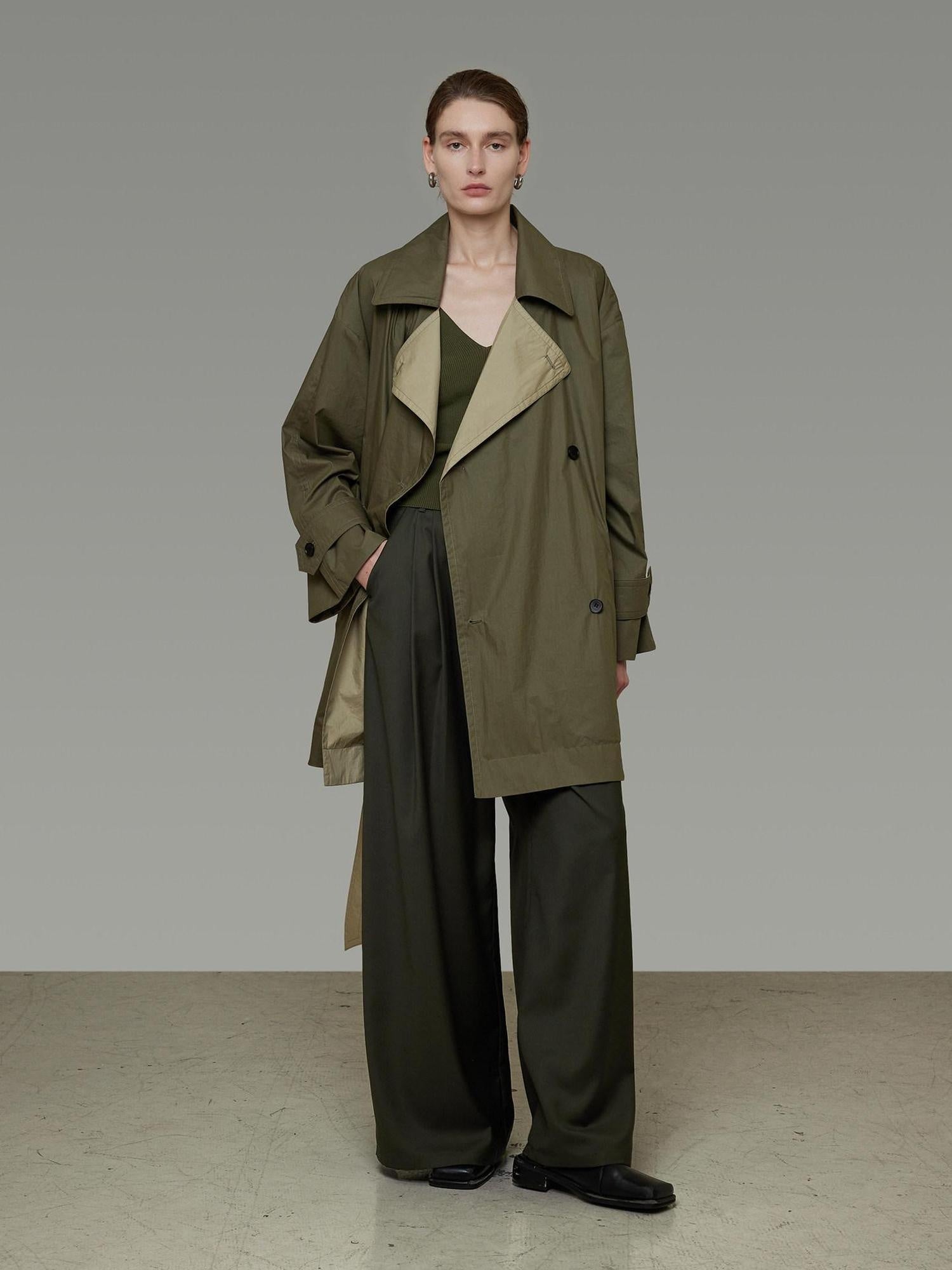 unspoken Minimal Commuter Long Double Breasted Loose Fit Women Black Olive Trench Coats