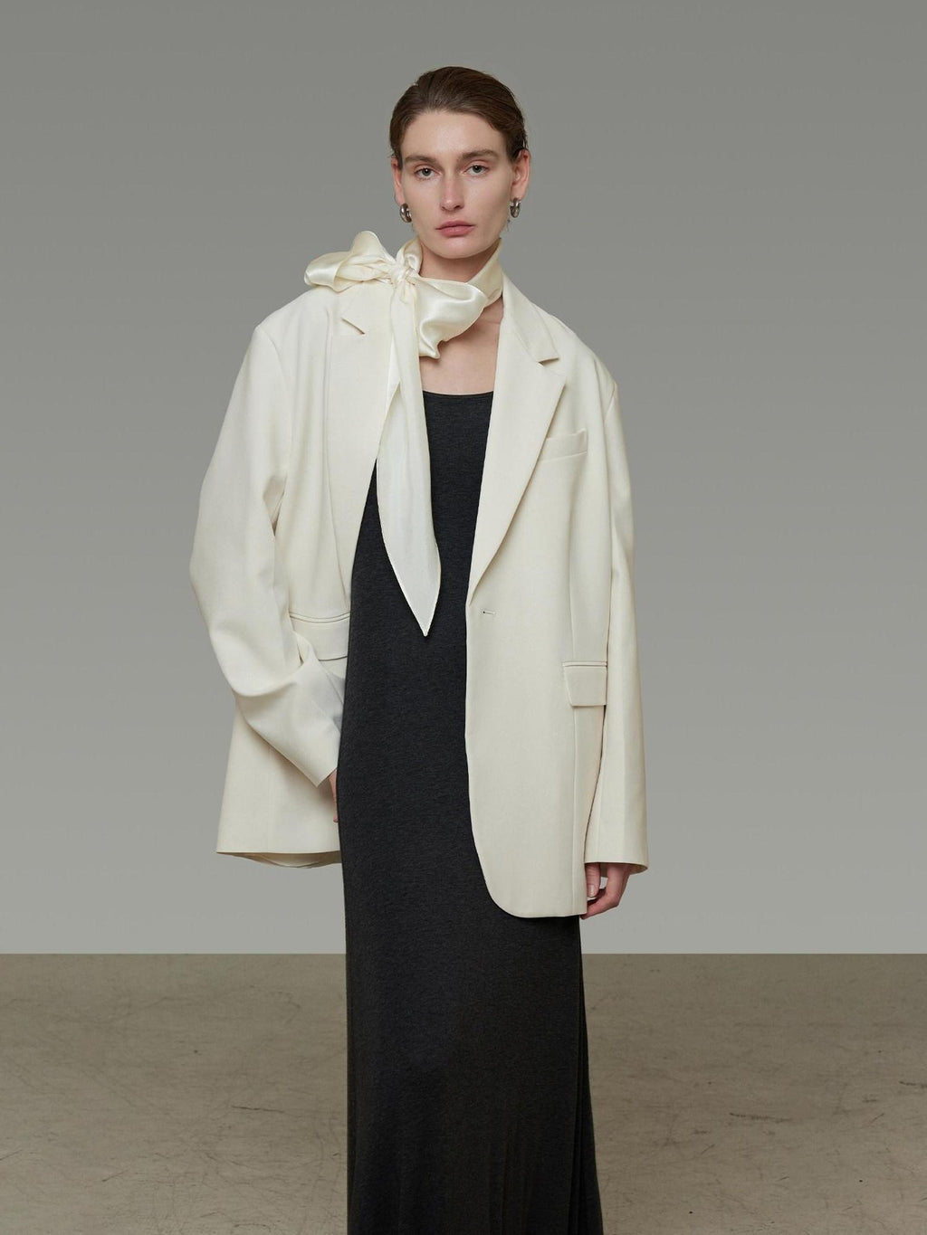 unspoken Warm Minimalist Oversized Ribbon Tie Lapel Long Sleeve Women Blazers