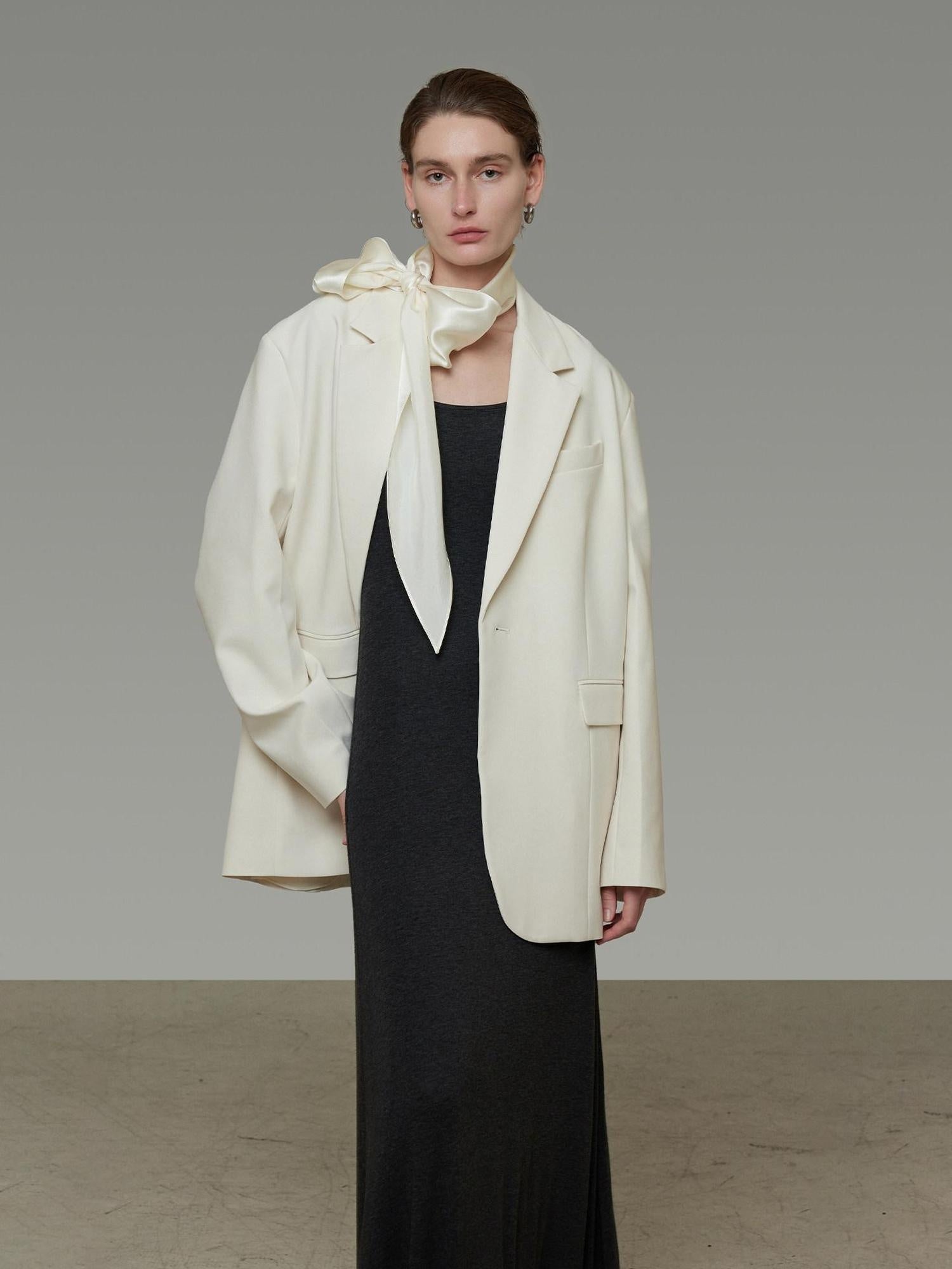 unspoken Warm Minimalist Oversized Ribbon Tie Lapel Long Sleeve Women Blazers