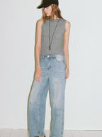 fano High Waist Cotton Floral Blue Zip Fly Loose Fit Women Straight Leg Jeans